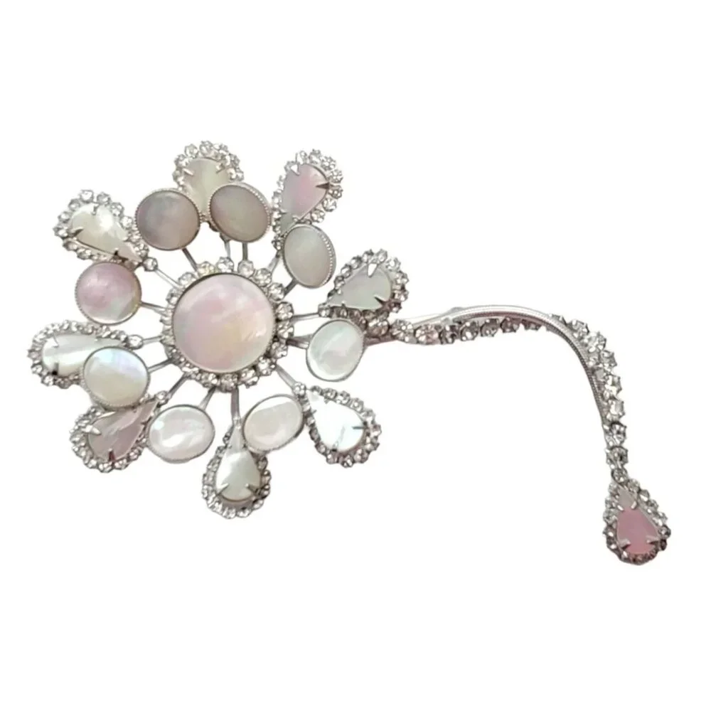 Hattie Carnegie Silvertone Statement Mother Of Pearl Clear Rhinestone Flower Pin